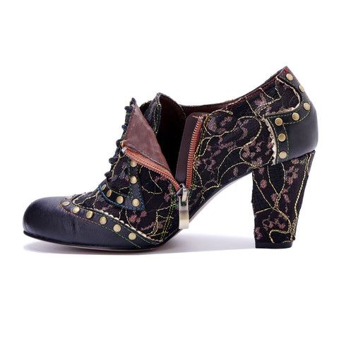 Vintage Graffiti Patchwork Studded Lace-Up Side Zipper Pump (Ingrid)