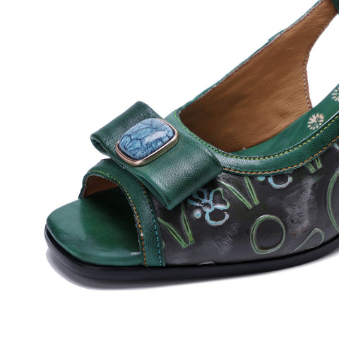 Hand-Painted Genuine Leather Embossed Chunky Heel Sandals (Celeste)