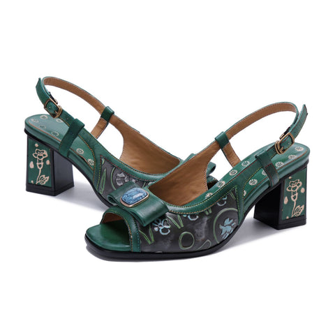 Hand-Painted Genuine Leather Embossed Chunky Heel Sandals (Celeste)