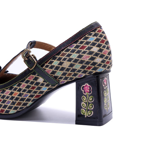 Plaid Patchwork Floral Mary Jane High Heels (Audrina)