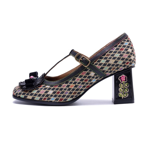 Plaid Patchwork Floral Mary Jane High Heels (Audrina)