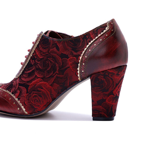 French Court Patchwork Red Rose Lace-Up Side Zipper Pump (Ingrid)