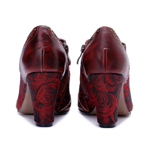 French Court Patchwork Red Rose Lace-Up Side Zipper Pump (Ingrid)