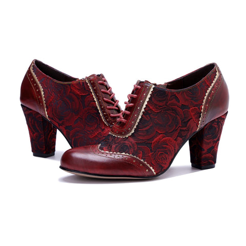 French Court Patchwork Red Rose Lace-Up Side Zipper Pump (Ingrid)