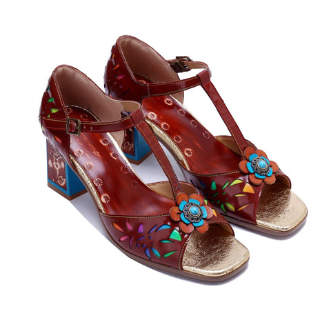 Hand Painted Hollow Flower Vintage Chunky Heel Sandals (Celeste)