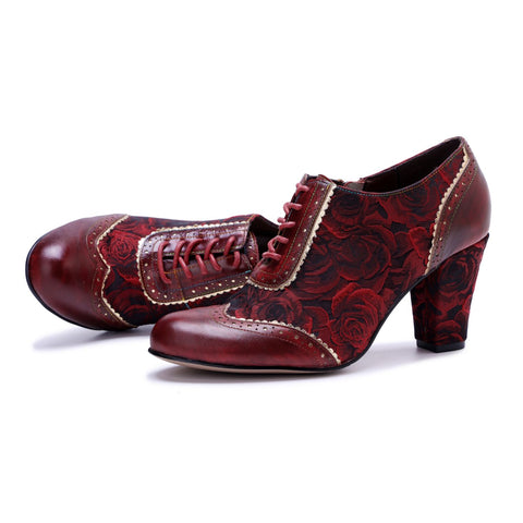 French Court Patchwork Red Rose Lace-Up Side Zipper Pump (Ingrid)