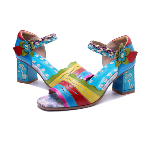 Hand-Painted Leather Multi Color Chunky High Heel Sandals (Celeste)