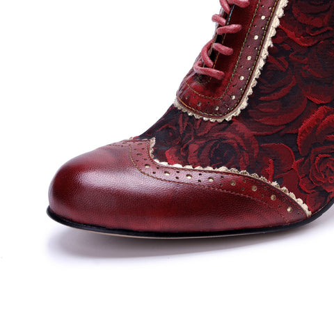 French Court Patchwork Red Rose Lace-Up Side Zipper Pump (Ingrid)