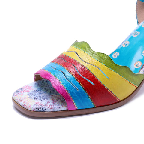 Hand-Painted Leather Multi Color Chunky High Heel Sandals (Celeste)