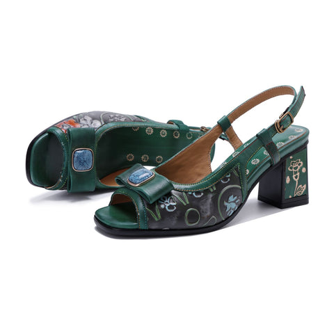 Hand-Painted Genuine Leather Embossed Chunky Heel Sandals (Celeste)