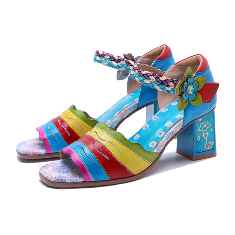 Hand-Painted Leather Multi Color Chunky High Heel Sandals (Celeste)