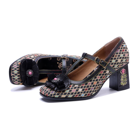 Plaid Patchwork Floral Mary Jane High Heels (Audrina)