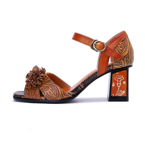 Hand-Painted Vintage Flower Chunky Heel Sandals (Celeste)