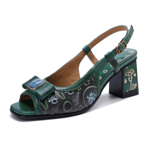 Hand-Painted Genuine Leather Embossed Chunky Heel Sandals (Celeste)