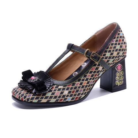 Plaid Patchwork Floral Mary Jane High Heels (Audrina)