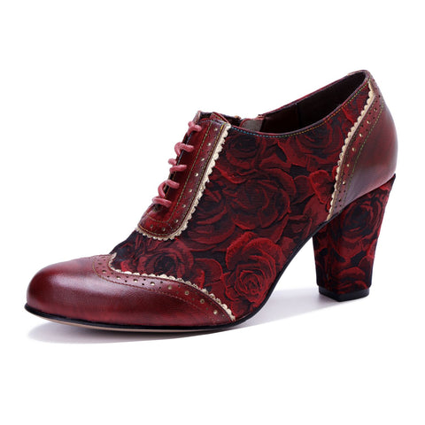 French Court Patchwork Red Rose Lace-Up Side Zipper Pump (Ingrid)