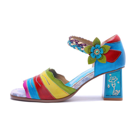 Hand-Painted Leather Multi Color Chunky High Heel Sandals (Celeste)