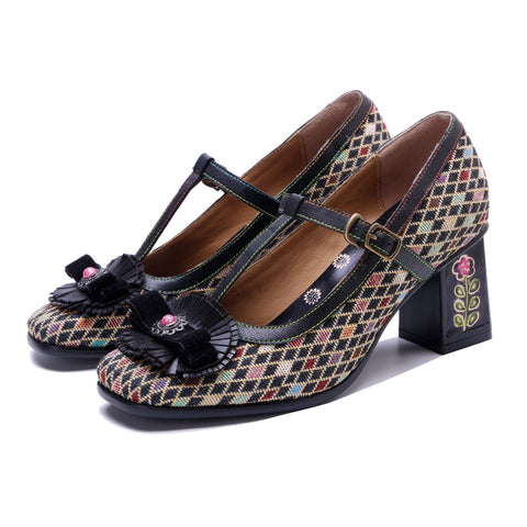 Plaid Patchwork Floral Mary Jane High Heels (Audrina)