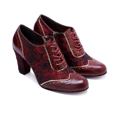 French Court Patchwork Red Rose Lace-Up Side Zipper Pump (Ingrid)