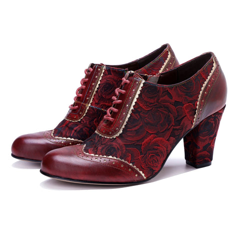 French Court Patchwork Red Rose Lace-Up Side Zipper Pump (Ingrid)