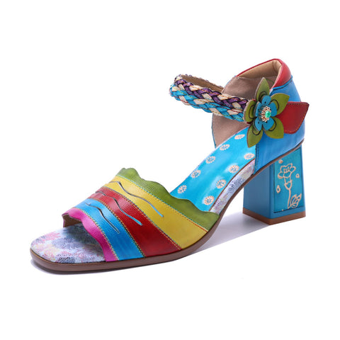 Hand-Painted Leather Multi Color Chunky High Heel Sandals (Celeste)