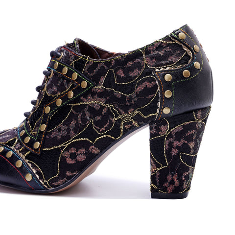 Vintage Graffiti Patchwork Studded Lace-Up Side Zipper Pump (Ingrid)