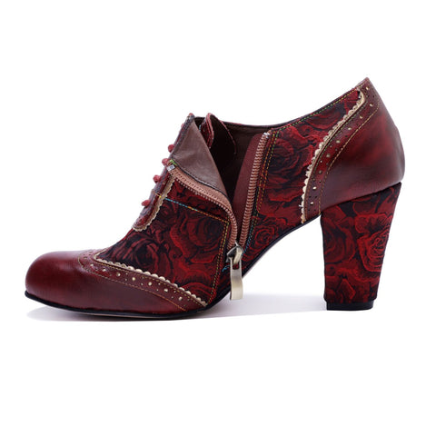 French Court Patchwork Red Rose Lace-Up Side Zipper Pump (Ingrid)