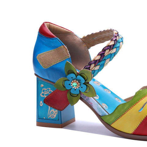 Hand-Painted Leather Multi Color Chunky High Heel Sandals (Celeste)