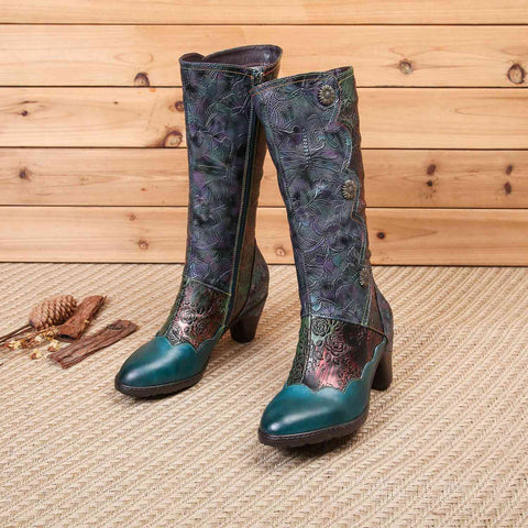 Warm Embossed Real Leather Button Boots