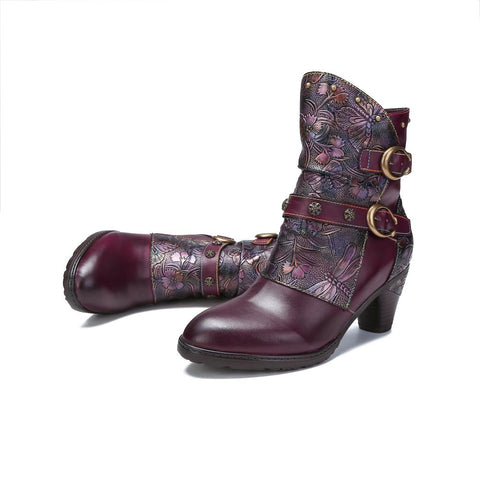 Retro Painted Genuine Leather Clasp Ankle Boots