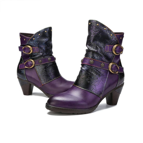 Retro Painted Genuine Leather Clasp Ankle Boots