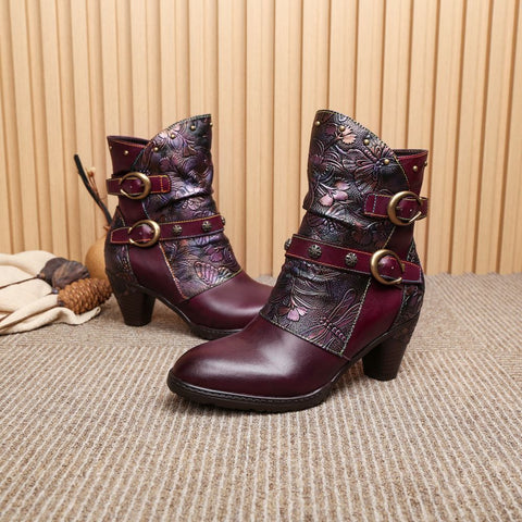 Retro Painted Genuine Leather Clasp Ankle Boots