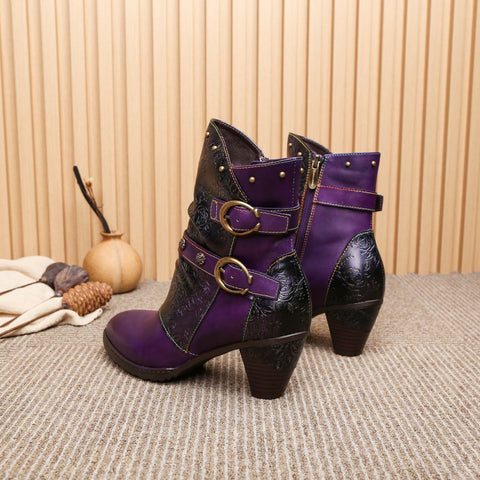 Retro Painted Genuine Leather Clasp Ankle Boots