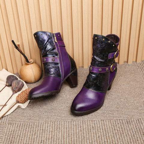 Retro Painted Genuine Leather Clasp Ankle Boots