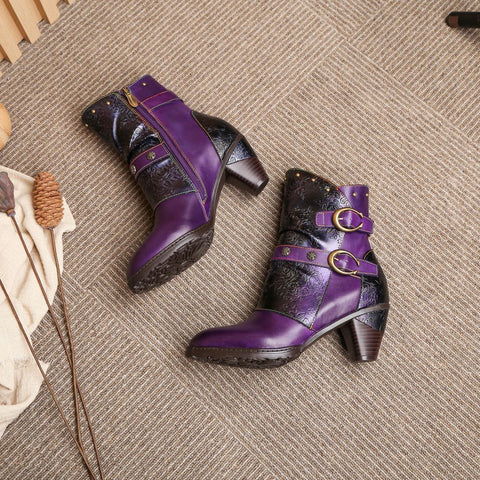 Retro Painted Genuine Leather Clasp Ankle Boots