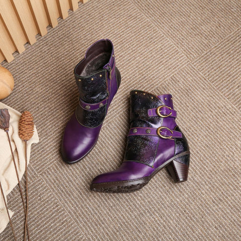 Retro Painted Genuine Leather Clasp Ankle Boots