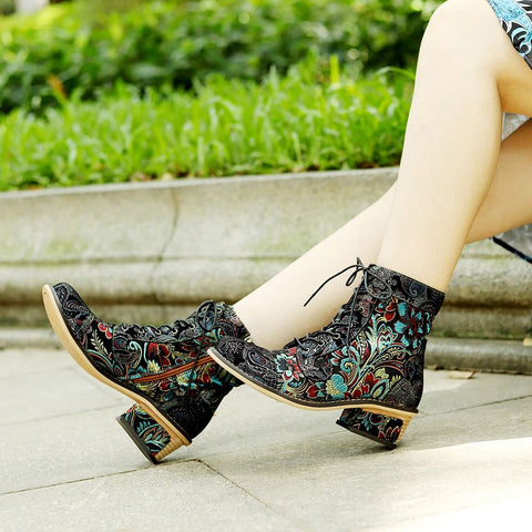 Vintage Handmade Stunning Floral Retro Ankle Boots
