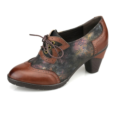 Retro Handmade Leather Patchwork Floral Pumps