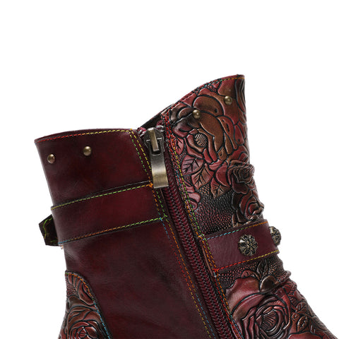 Hand-Painted Leather Side Zipper Buckle Low Heel Boots (Giselle)