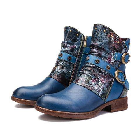 Hand-Painted Leather Side Zipper Buckle Low Heel Boots (Giselle)