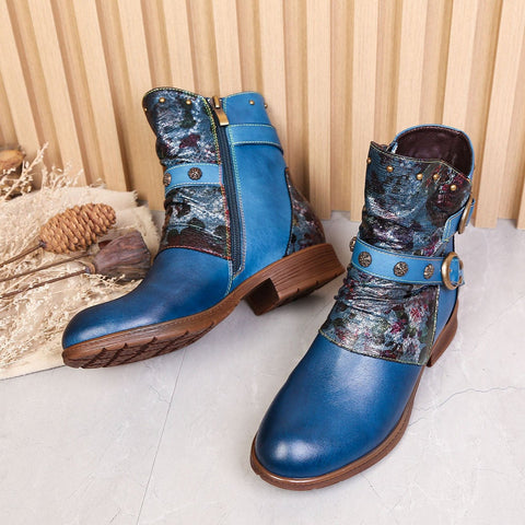 Hand-Painted Leather Side Zipper Buckle Low Heel Boots (Giselle)