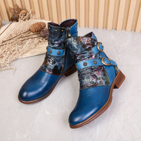 Hand-Painted Leather Side Zipper Buckle Low Heel Boots (Giselle)