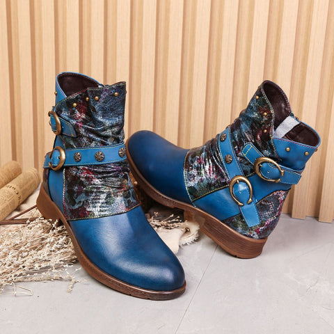 Hand-Painted Leather Side Zipper Buckle Low Heel Boots (Giselle)