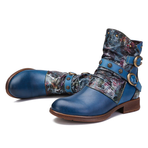 Hand-Painted Leather Side Zipper Buckle Low Heel Boots (Giselle)