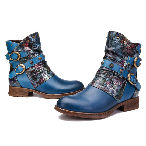 Hand-Painted Leather Side Zipper Buckle Low Heel Boots (Giselle)