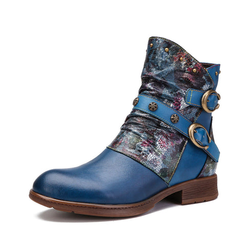 Hand-Painted Leather Side Zipper Buckle Low Heel Boots (Giselle)