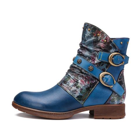 Hand-Painted Leather Side Zipper Buckle Low Heel Boots (Giselle)