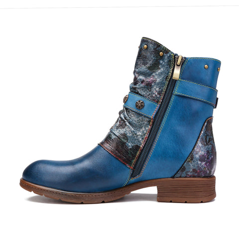 Hand-Painted Leather Side Zipper Buckle Low Heel Boots (Giselle)