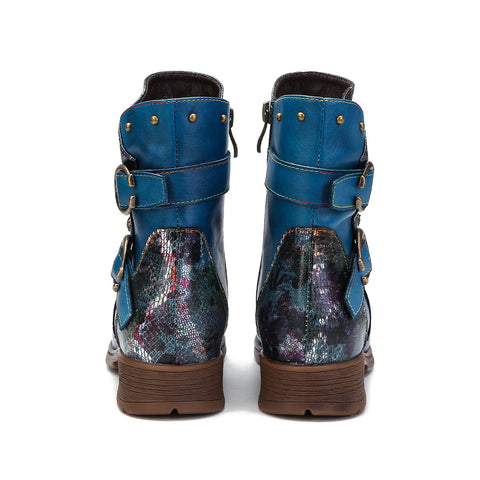 Hand-Painted Leather Side Zipper Buckle Low Heel Boots (Giselle)