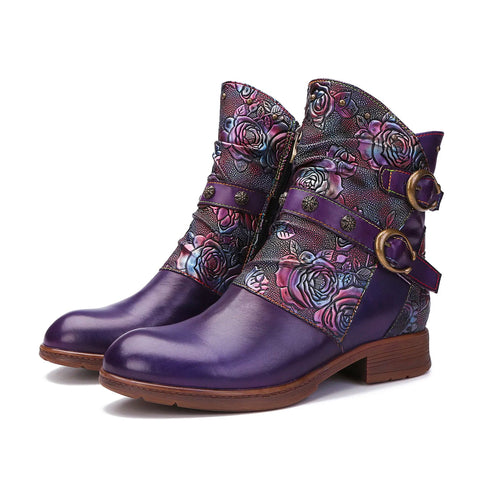 Hand-Painted Leather Side Zipper Buckle Low Heel Boots (Giselle)